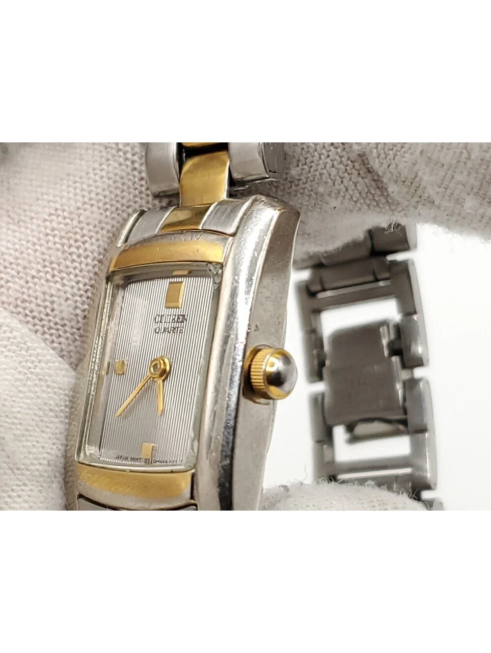 Citizen Quartz Watch Womens New Battery Two-Tone Silver Line Dial Rectangle 17mm
